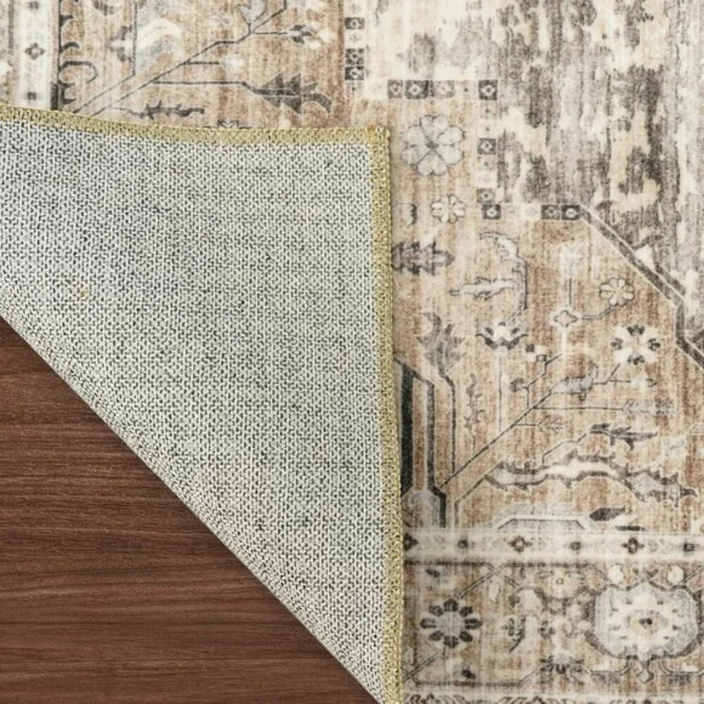 New 4x6 Beige Washable Area Rug, Vintage Non-Slip Carpet for Home & Room Decor